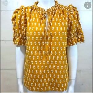 JCrew Mustard Peasant Blouse White Embroidered Flowers Keyhole Front